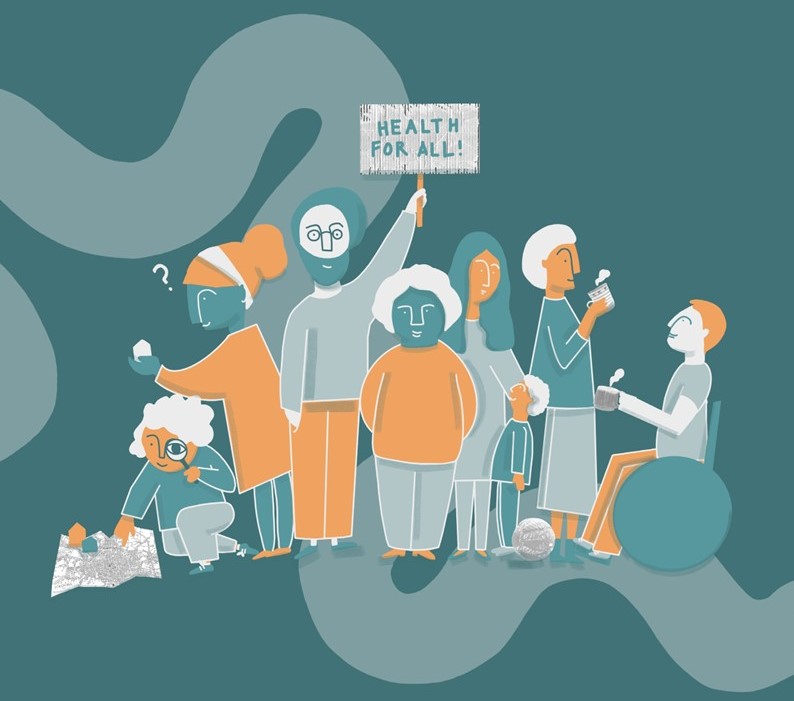 Illustration in zwei Farbtönen, Dunkelgrün und Orange. Man sieht eine Gruppe unterschiedlicher Menschen, die verschiedene Dinge tun.