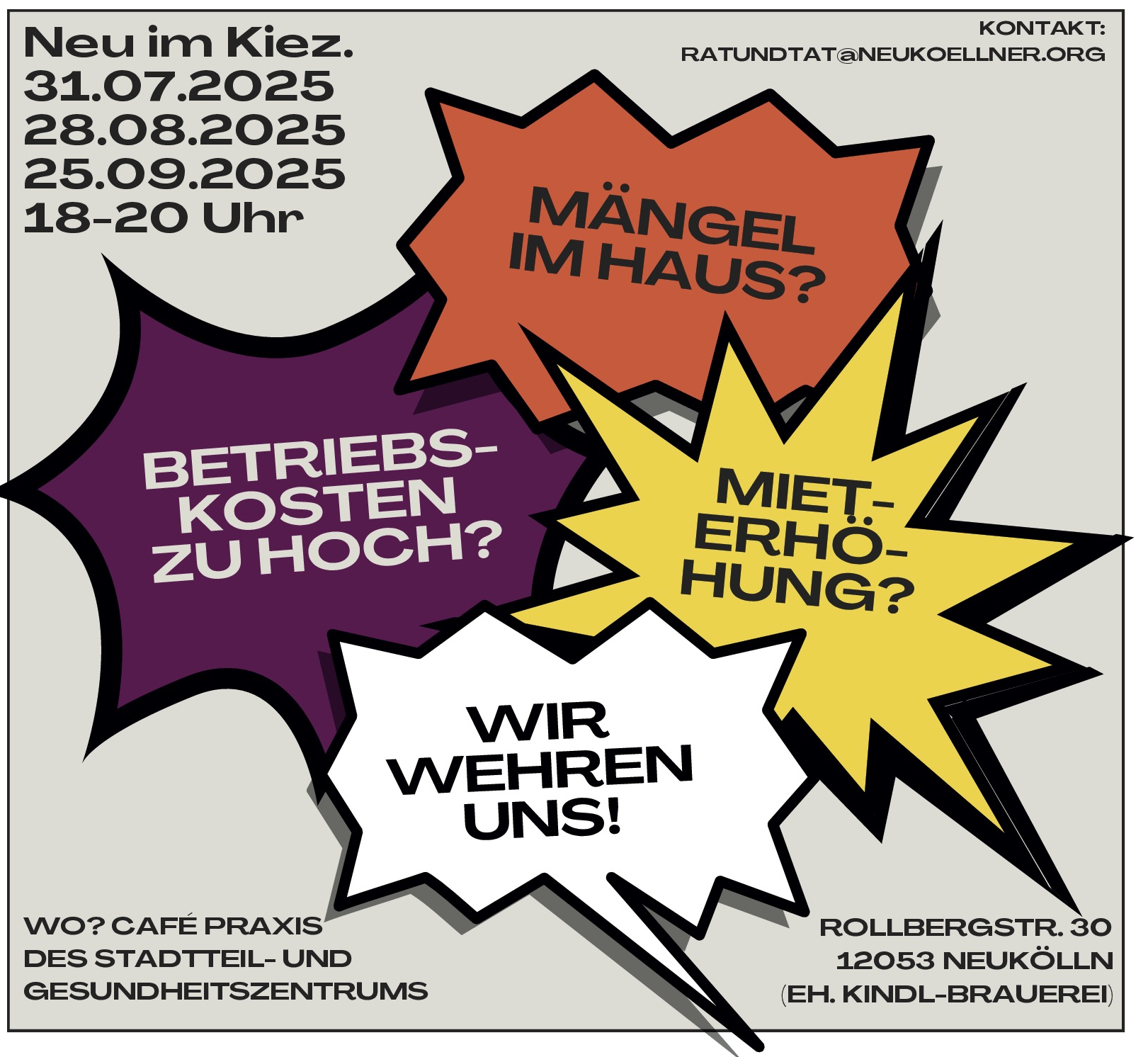 Grafik-Plakat mit drei Sprechblasen in Sternform.
In den Sternen stehen Überschriften zu Themen,
zu denen man beim Wohnrechts-Event Infos bekommen kann.
