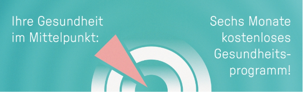 Logo Navigation und Text "Ihre Gesundheit im Mittelpunkt. Sechs Monate kostenloses Gesundheitsprogramm."